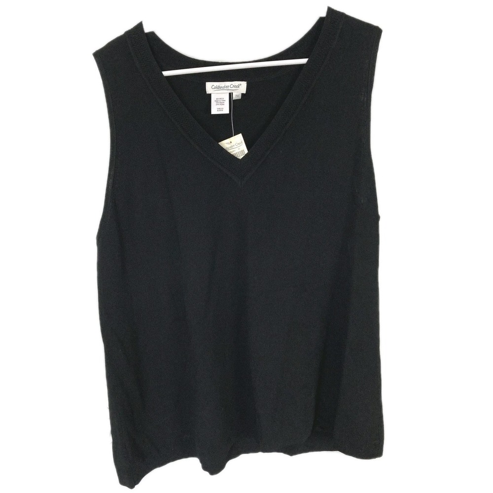 VTG Coldwater Creek Sweater Vest Women 2X Black Trellis Detail V Neck Knit NWT